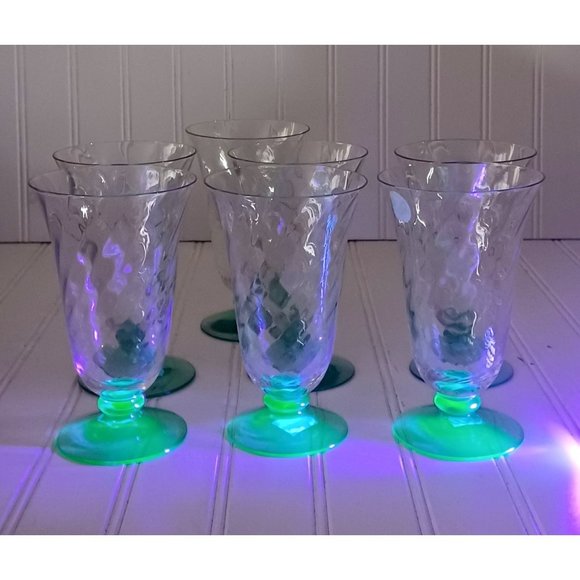 Tiffin Other - 7 Tiffin Uranium Glass Diamond Optic Swirl Green Footed Tumblers Parfait Glasses